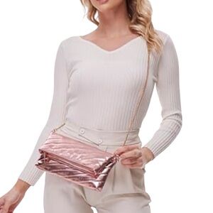 New-Rose Gold Quilted Clutch with Gold Crossbody Chain Strap